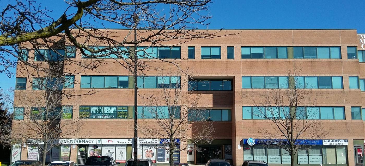 Front of 100 Humber College Blvd, with the Ortho-Physio physiotherapy sign in the second-floor windows
